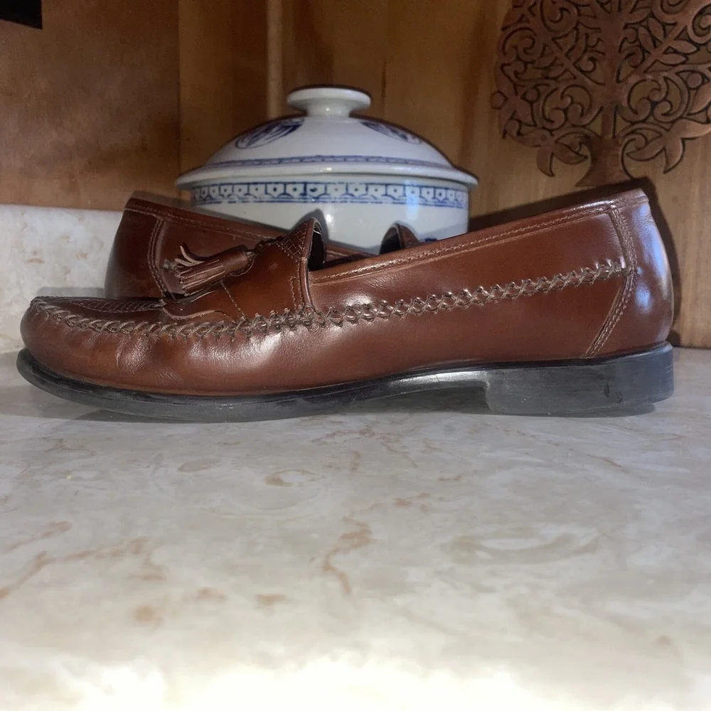 Hush Puppies Mens 10W San Remo Leather Loafers Shoes w/  Tassel Weave Brown‎